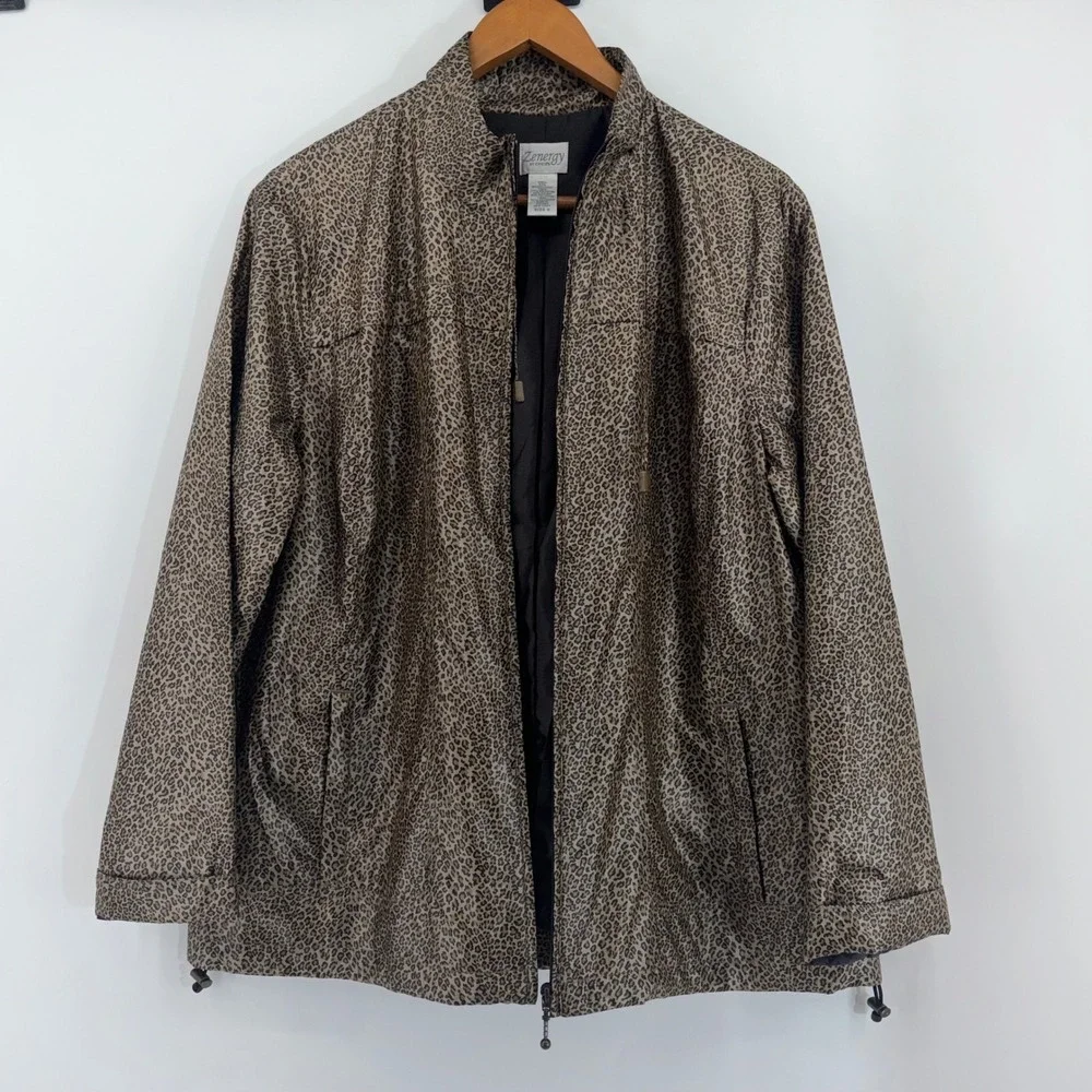 Chicos Zenergy Womens Leopard Print Windbreaker Jacket Brown Tan Size 3 XL